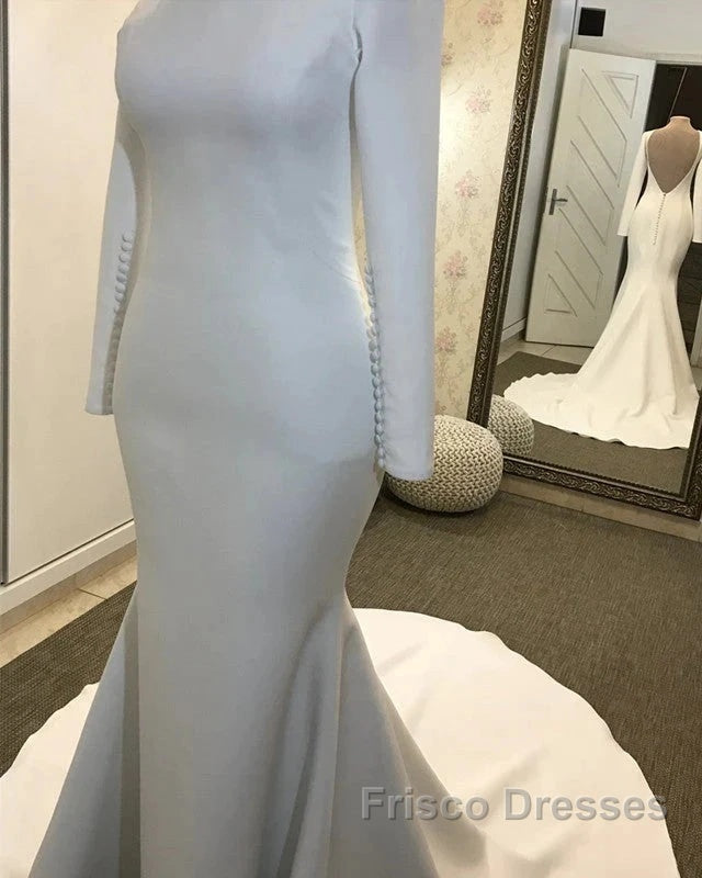 Long Sleeves Satin Wedding Dress Mermaid Open Back Secondary image