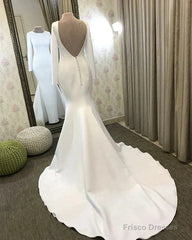 Long Sleeves Satin Wedding Dresses Mermaid Open Back