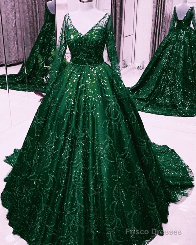 Long Sleeves Sequin Ball Gown Dresses V Neck Main image
