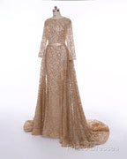 Long Sleeves Sequin Gold Mermaid Formal Prom Dress