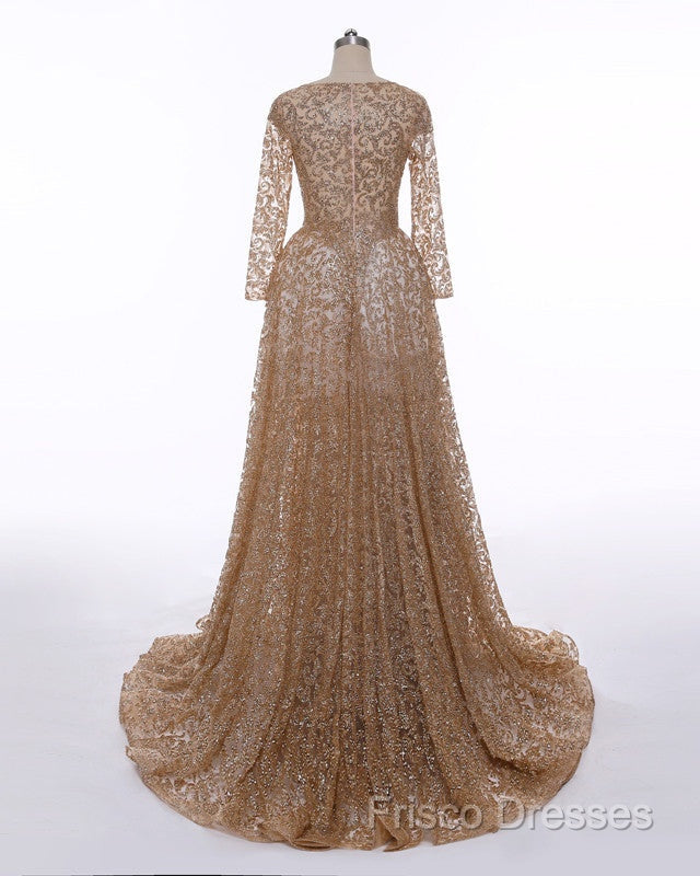 Long Sleeves Sequin Gold Mermaid Formal Prom Dress
