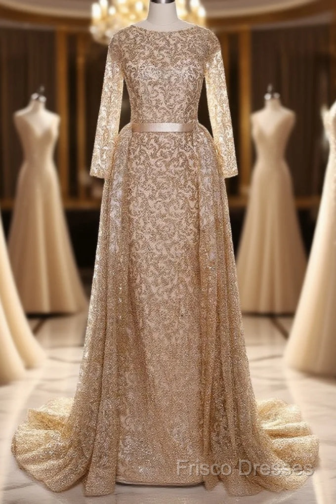 Long Sleeves Sequin Gold Mermaid Formal Prom Dress