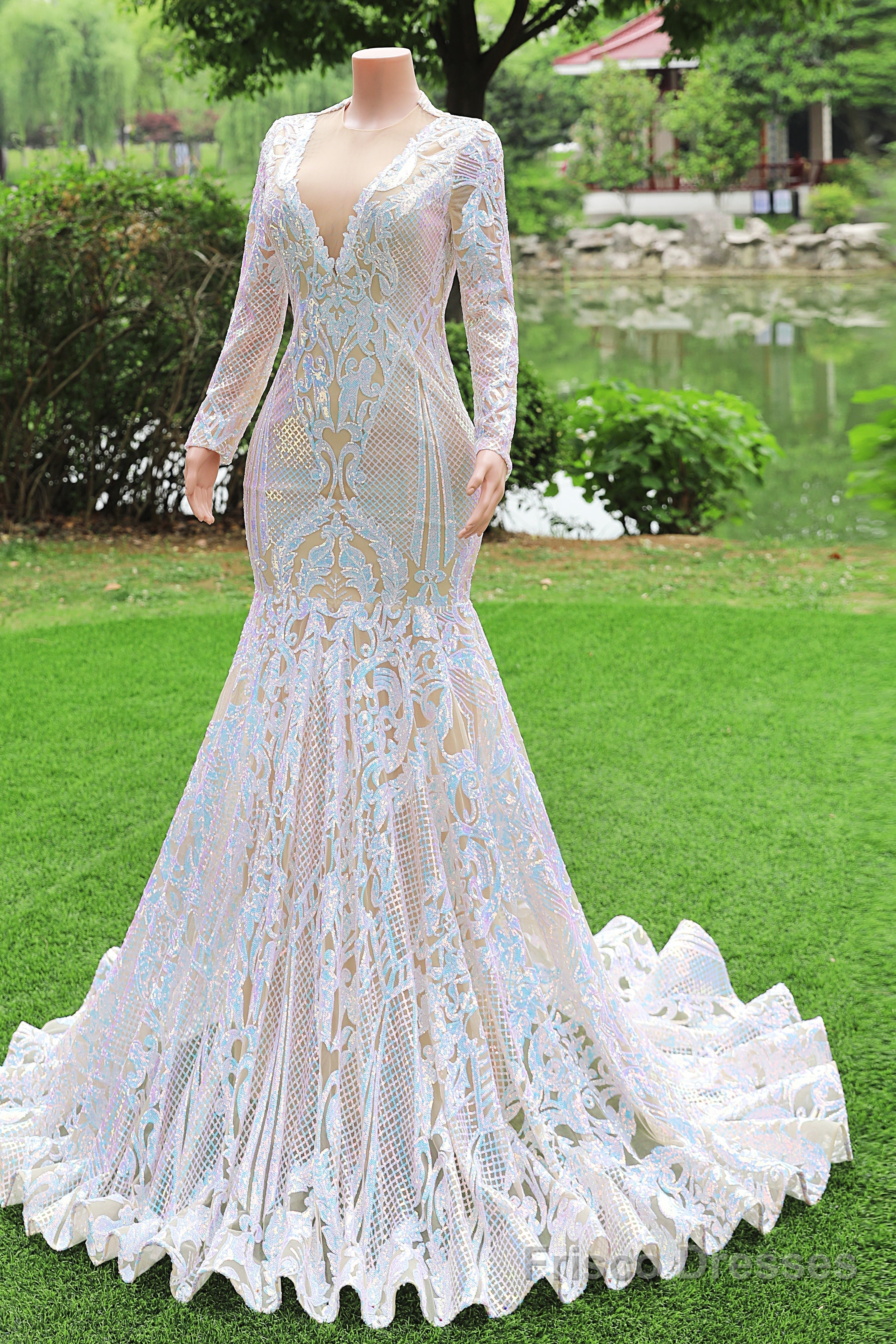 Long Sleeves Sequins Mermaid Prom Dresses Iridescent Shower Party V Neck Evening Dress Chapel Train Secondary image