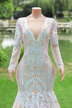 Long Sleeves Sequins Mermaid Prom Dresses Iridescent Shower Party V Neck Evening Dress Chapel Train