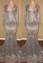 Long Sleeves Sequins Prom Party Gowns| Mermaid V-Neck Evening Gowns