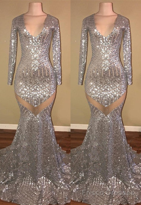 Long Sleeves Sequins Prom Party Gowns| Mermaid V-Neck Evening Gowns