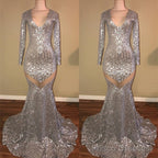 Long Sleeves Sequins Prom Party Gowns| Mermaid V-Neck Evening Gowns