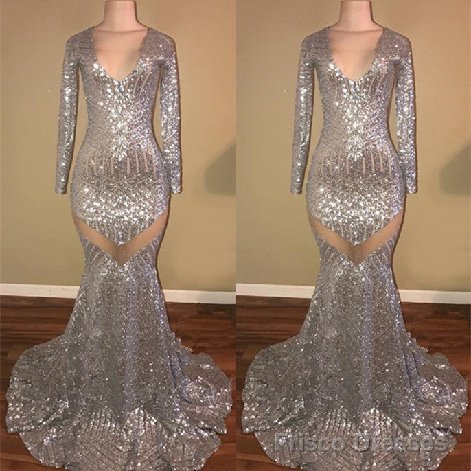 Long Sleeves Sequins Prom Party Gowns| Mermaid V-Neck Evening Gowns