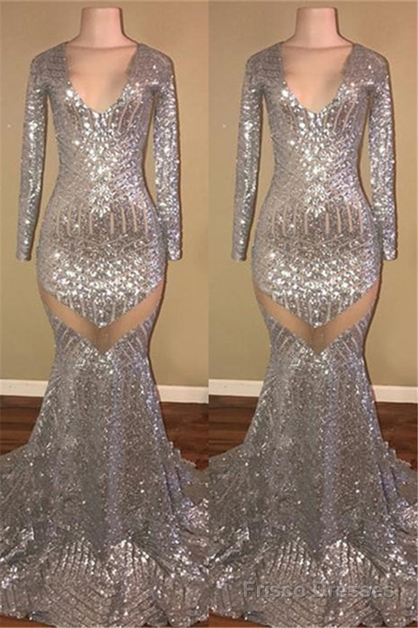 Long Sleeves Sequins Prom Party Gowns| Mermaid V-Neck Evening Gowns Main image