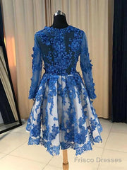 Long Sleeves Short Blue Lace Prom Dresses, Short Blue Lace Formal Homecoming Graduation Dresses