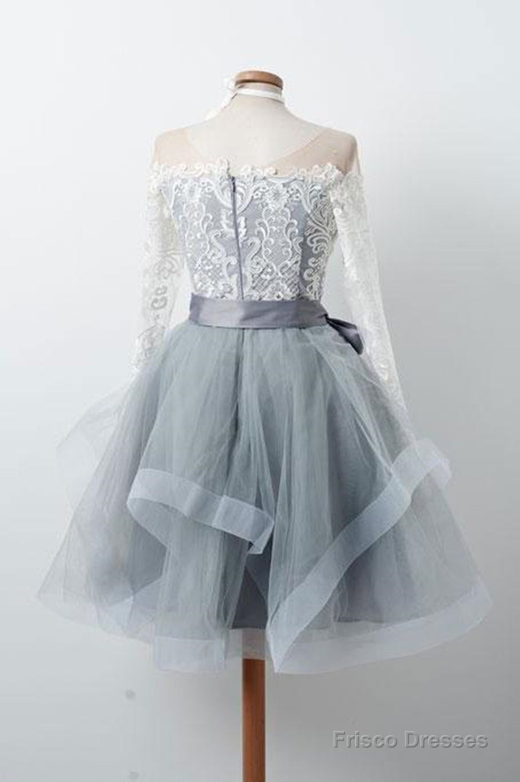 Long Sleeves Short Gray Prom Dress With White Lace, Long Sleeves Short Lace Graduation Homecoming Dresses