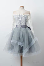 Long Sleeves Short Gray Prom Dress With White Lace, Long Sleeves Short Lace Graduation Homecoming Dresses