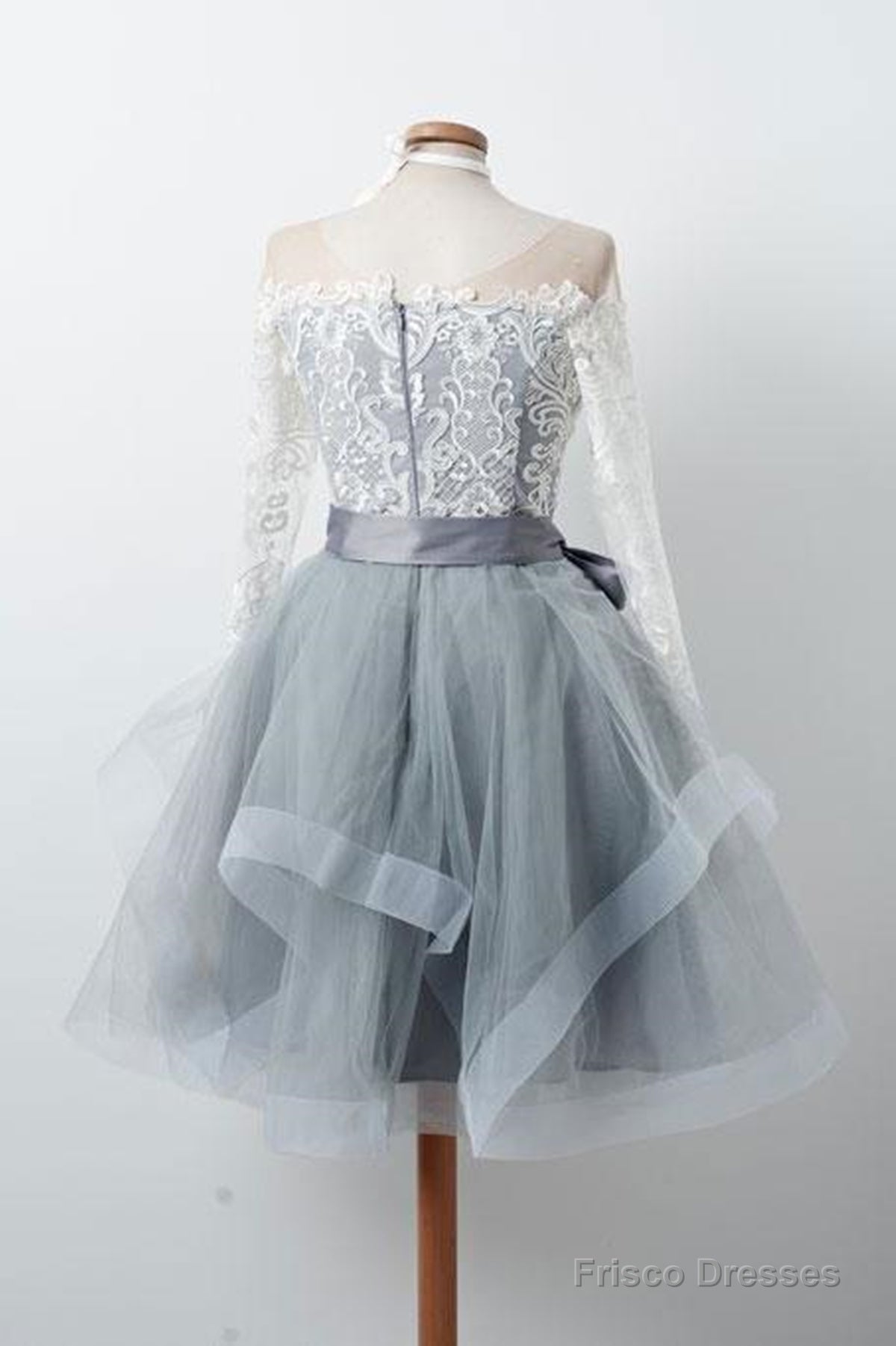 Long Sleeves Short Gray Prom Dress With White Lace, Long Sleeves Short Lace Graduation Homecoming Dresses