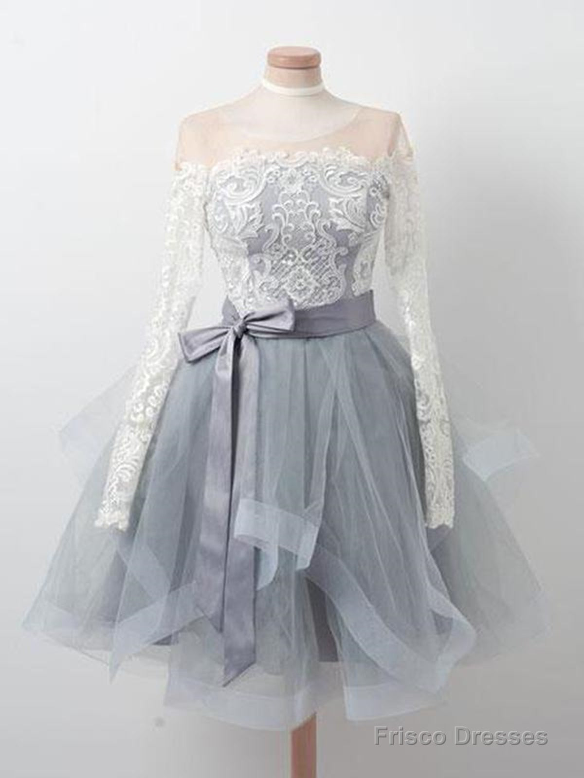 Long Sleeves Short Gray Prom Dress With White Lace, Long Sleeves Short Lace Graduation Homecoming Dresses Main image