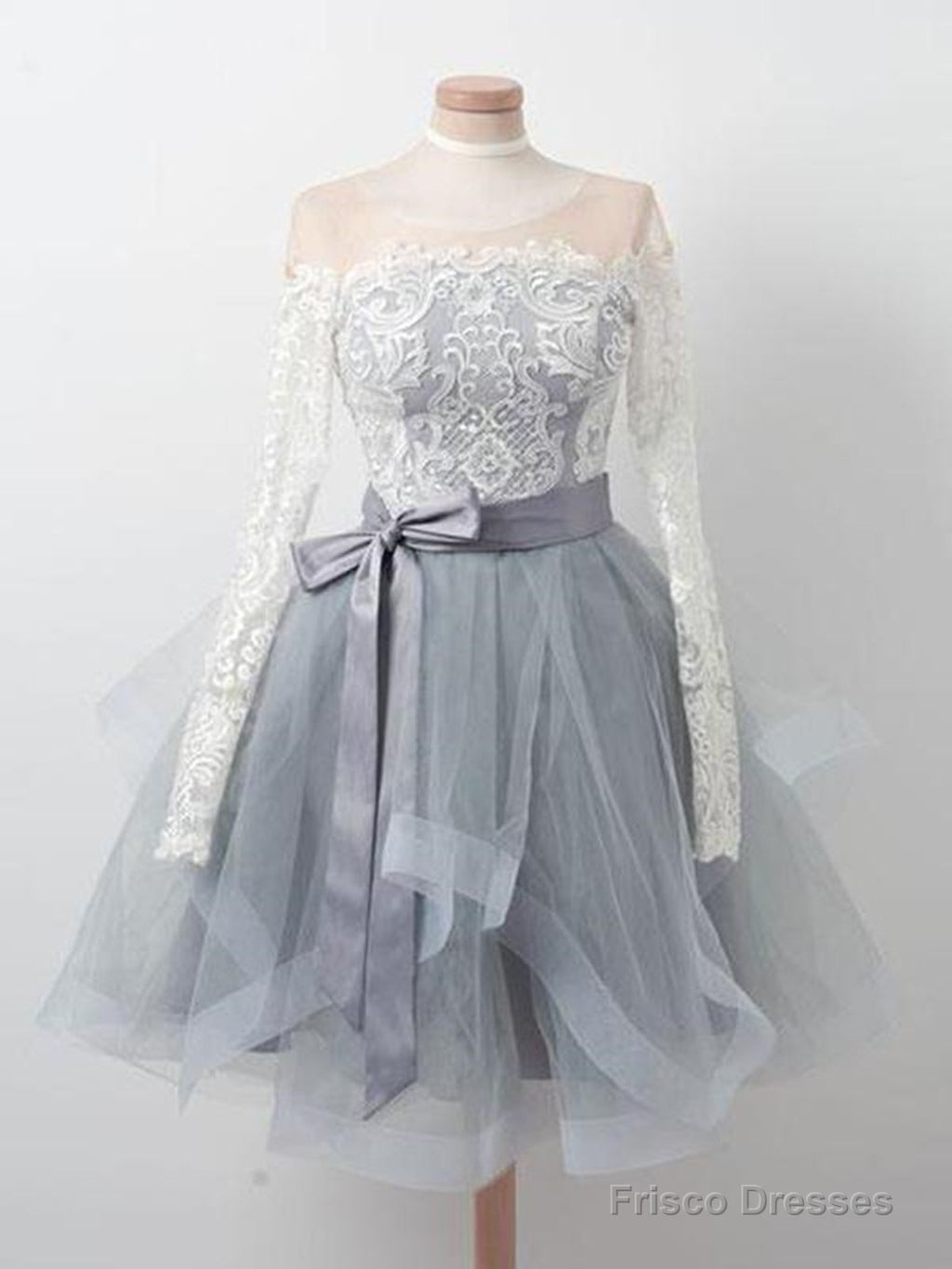 Long Sleeves Short Gray Prom Dress With White Lace, Long Sleeves Short Lace Graduation Homecoming Dresses