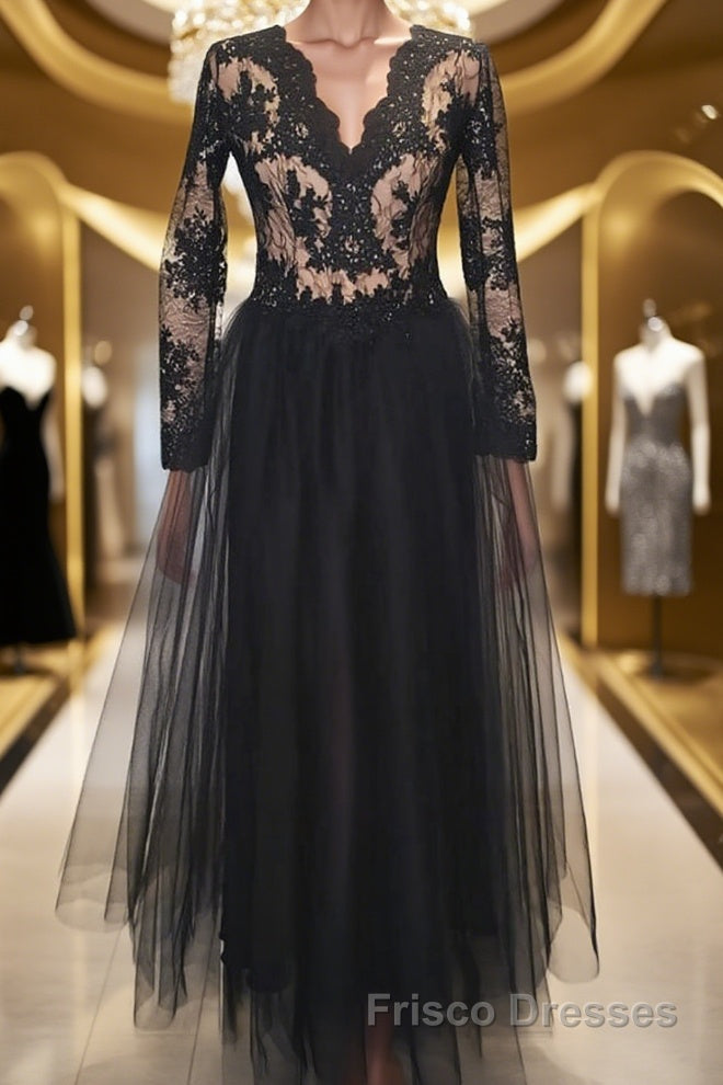 Long Sleeves V Neck Black Lace Long Formal Prom Dresses, Long Sleeves Black Formal Dresses, Black Lace Evening Dresses Main image