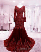 Long Sleeves V-neck Lace Formal Prom Mermaid Dress,Women Evening Dress