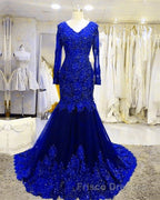 Long Sleeves V-neck Lace Formal Prom Mermaid Dress,Women Evening Dress