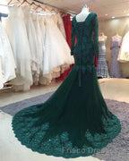 Long Sleeves V-neck Lace Formal Prom Mermaid Dress,Women Evening Dress