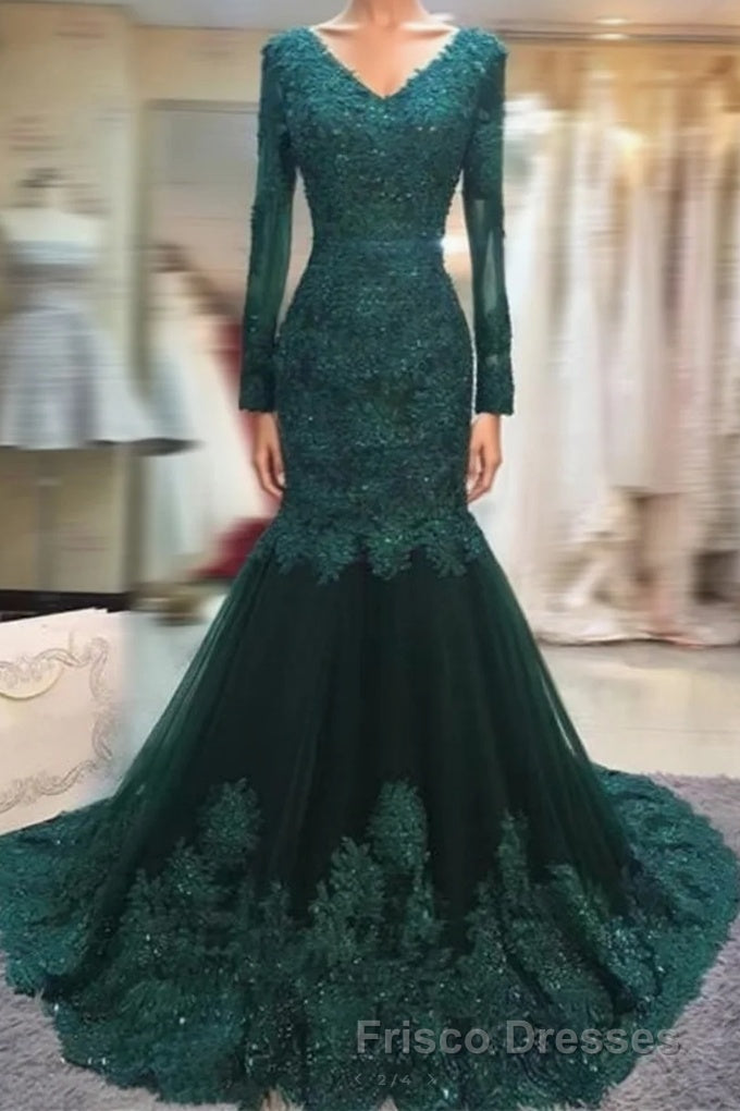 Long Sleeves V-neck Lace Formal Prom Mermaid Dress,Women Evening Dress