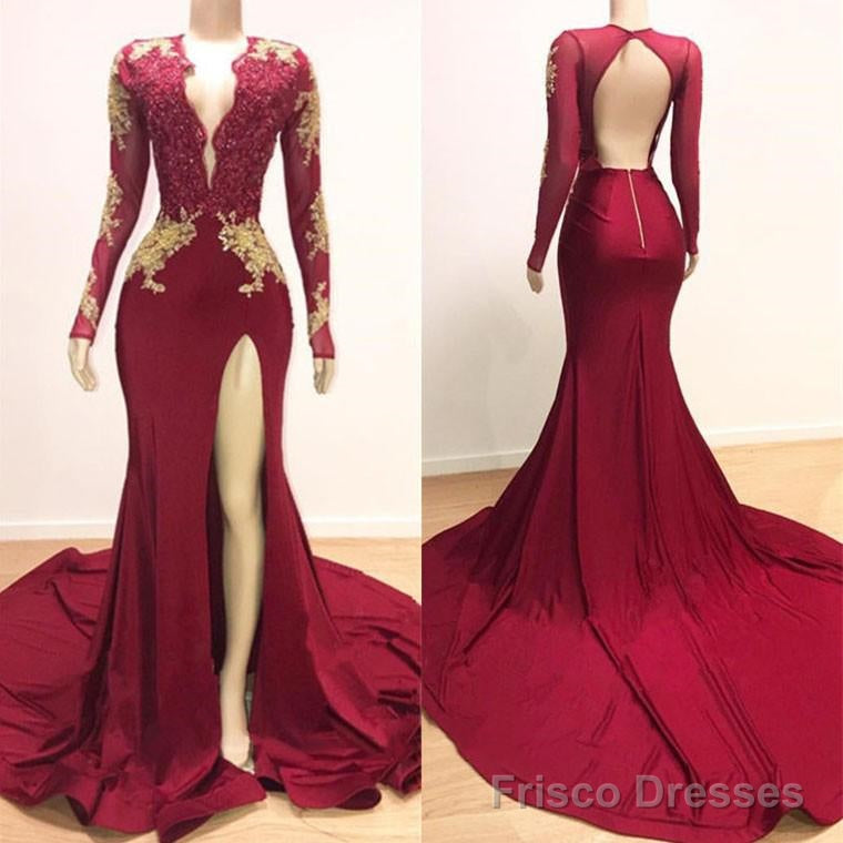Long Sleeves V-neck Mermaid Prom Dress,Leg Split Formal Evening Dresses Main image