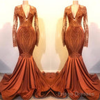 Long Sleeves V-neck Mermaid Prom Dress Sequins Gold Long Chiffon Lace