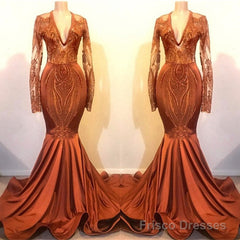 Long Sleeves V-neck Mermaid Prom Dress Sequins Gold Long Chiffon Lace
