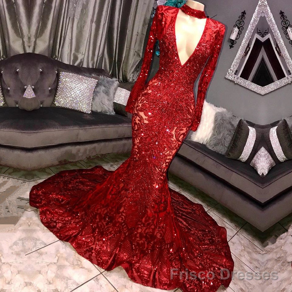 Long Sleeves V-neck Mermaid Prom Dress Sequins Long Chiffon Red Royal Blue Secondary image