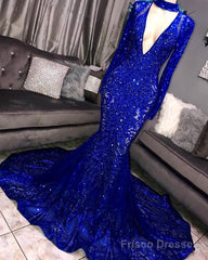 Long Sleeves V-neck Mermaid Prom Dress Sequins Long Chiffon Red Royal Blue