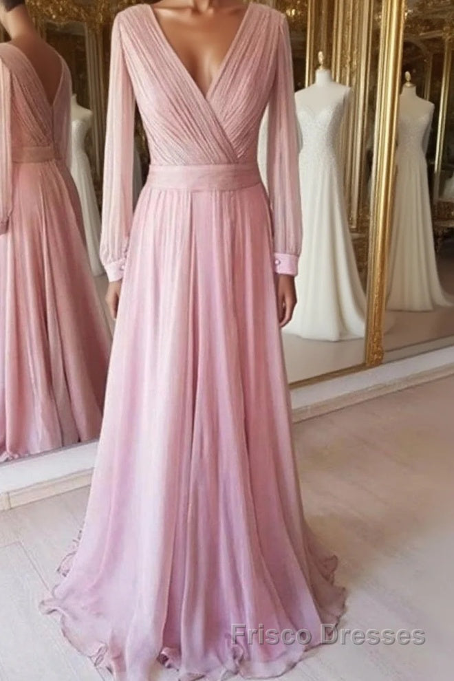 Long Sleeves V Neck Pink Chiffon Long Formal Prom Dresses, Long Sleeves Pink Bridesmaid Dresses, Pink Formal Evening Dresses Main image