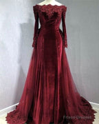 Long Sleeves Velvet Mermaid Prom Dresses Detachable Skirt