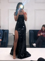 Long Spaghetti Straps Mermaid Slit Prom Dresses, Long Prom Dresses