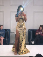 Long Spaghetti Straps Mermaid Slit Prom Dresses, Long Prom Dresses