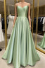 Long Spaghetti Straps V Neck Slit Satin Dress