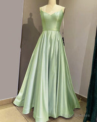 Long Spaghetti Straps V Neck Slit Satin Dress