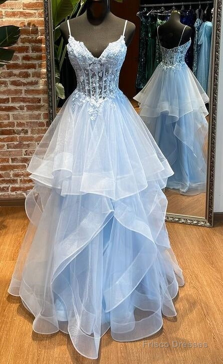 Long Straps Tiered Blue Prom Dresses Lace Tulle Secondary image