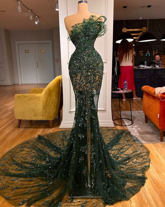 Long Train Strapless Green Party Dresses Arabic Mermaid Formal Evening Gowns For Women Main image