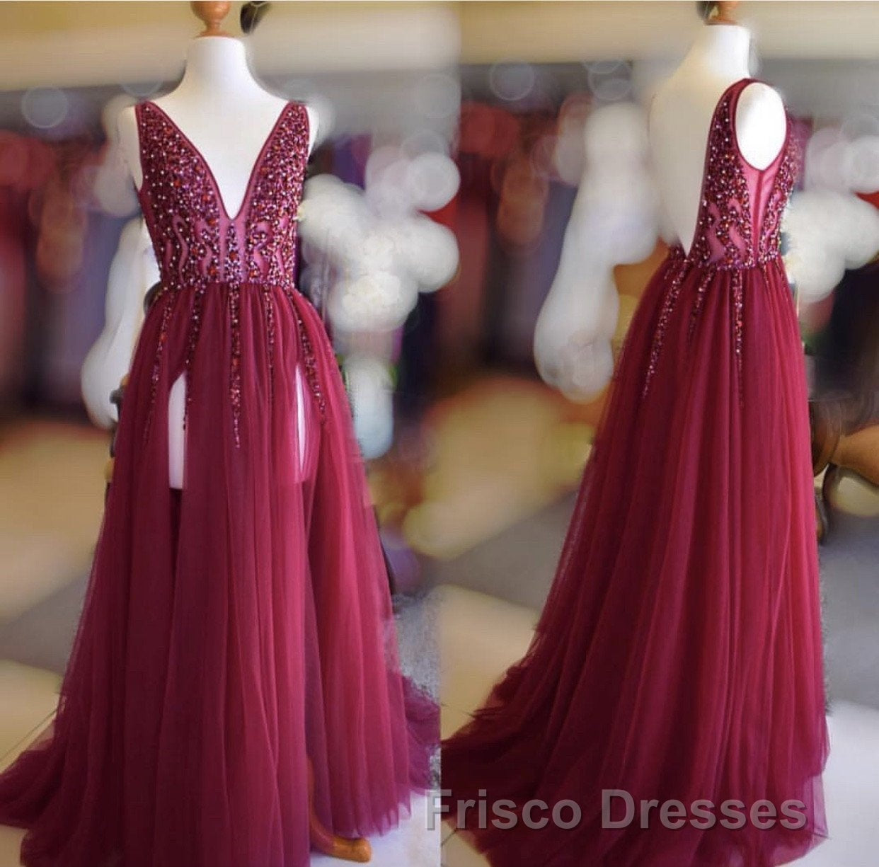 Long Tulle V-neck Formal Prom Dress Sequin Beaded Evening Gowns