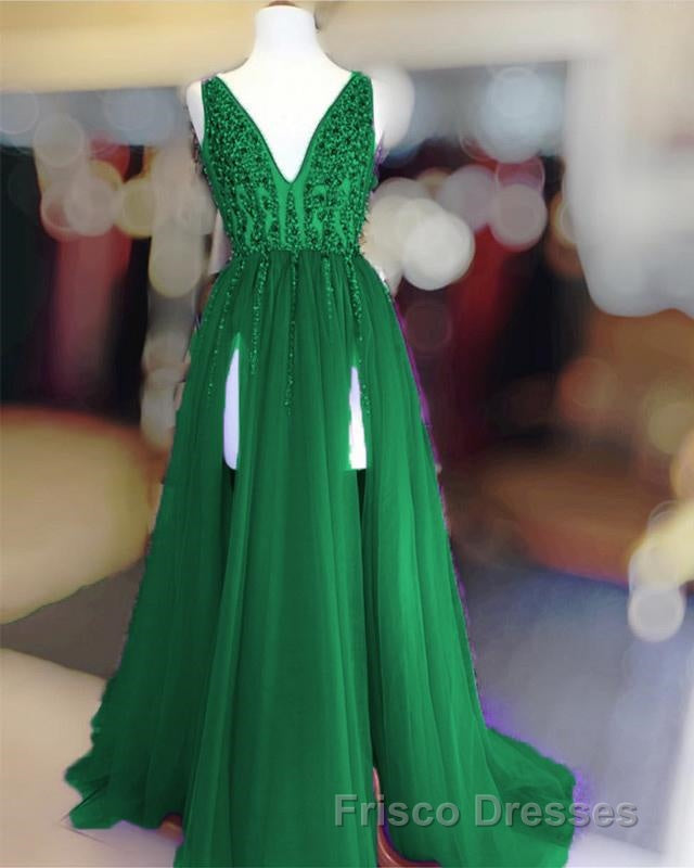 Long Tulle V-neck Formal Prom Dress Sequin Beaded Evening Gowns