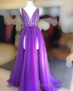 Long Tulle V-neck Formal Prom Dress Sequin Beaded Evening Gowns