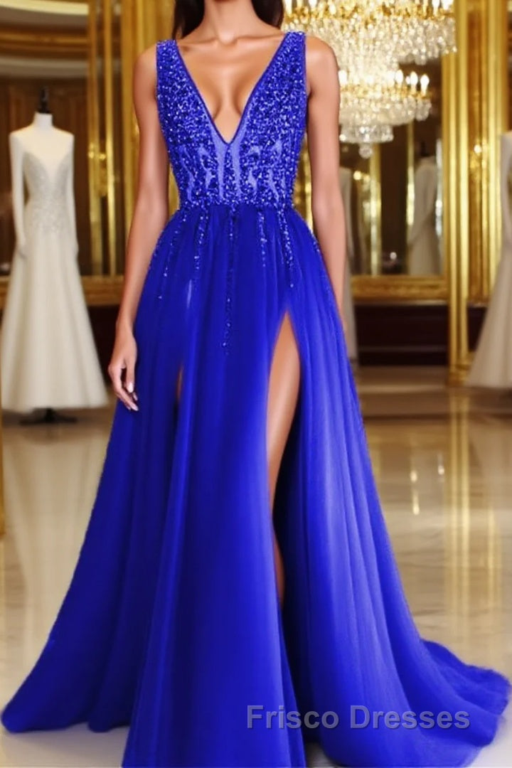 Long Tulle V-neck Formal Prom Dress Sequin Beaded Evening Gowns Main image