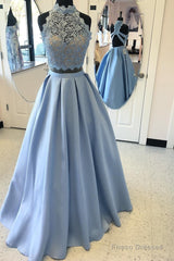 Long Two Piece Prom Dress Lace High Neck Open Back