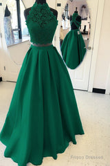 Long Two Piece Prom Dress Lace High Neck Open Back