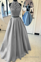 Long Two Piece Formal Prom Dress Lace High Neck Open Back