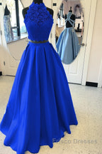 Long Two Piece Formal Prom Dress Lace High Neck Open Back