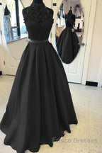 Long Two Piece Formal Prom Dress Lace High Neck Open Back