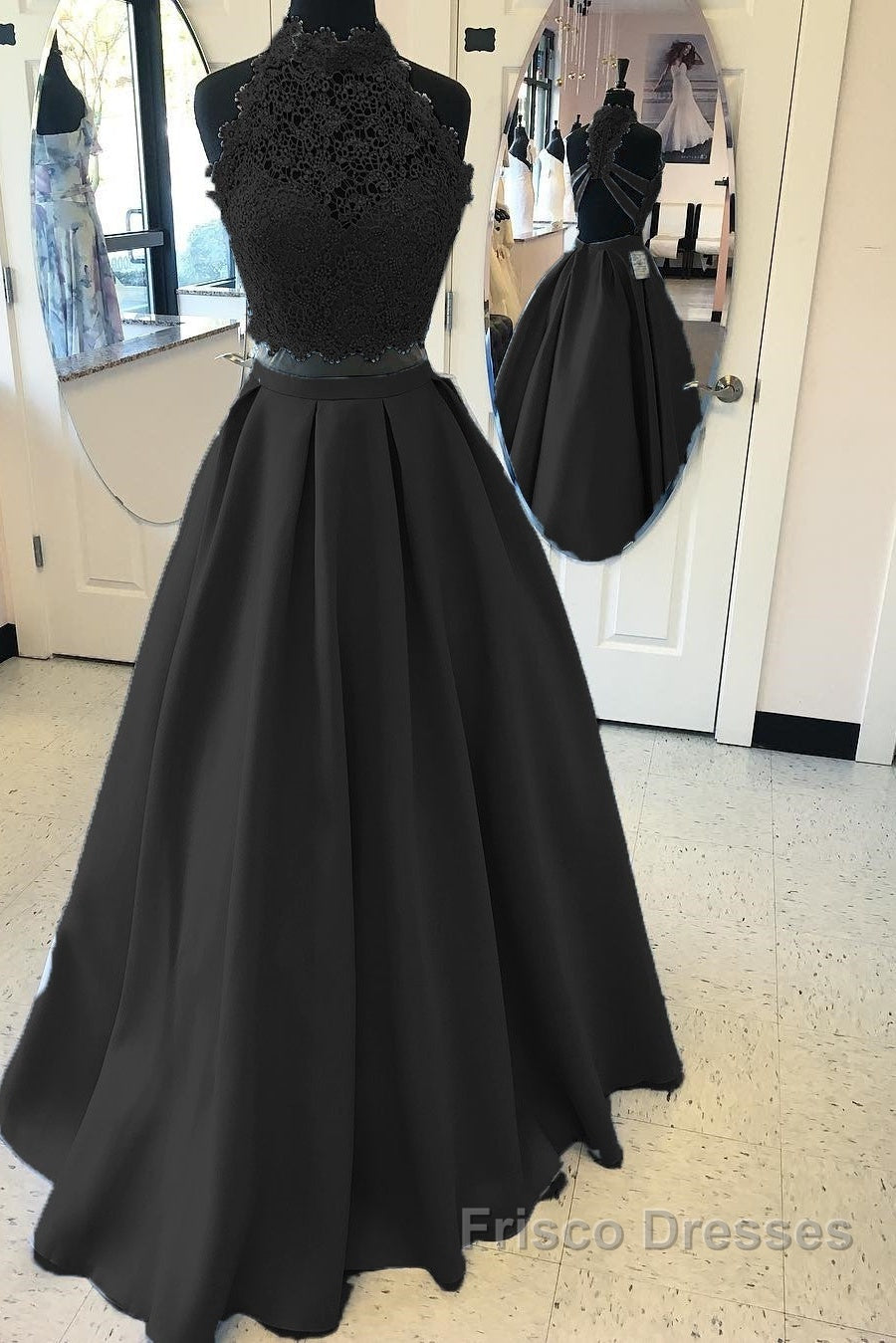 Long Two Piece Formal Prom Dress Lace High Neck Open Back