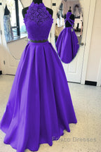 Long Two Piece Formal Prom Dress Lace High Neck Open Back