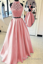 Long Two Piece Formal Prom Dress Lace High Neck Open Back