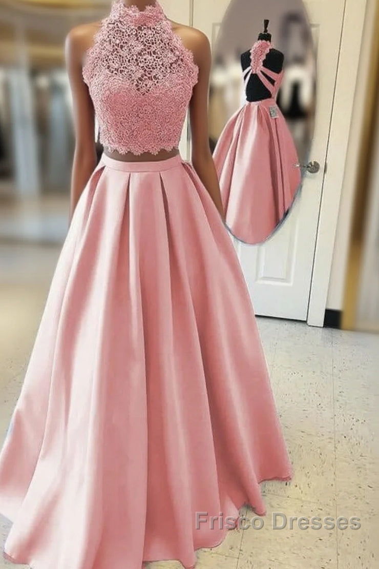 Long Two Piece Formal Prom Dress Lace High Neck Open Back Main image